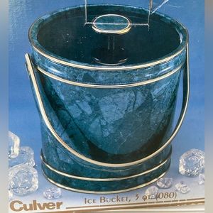 Culver Vintage 3 Qt Ice Bucket. Green Faux Marble with Gold Trim, Lid and Handle